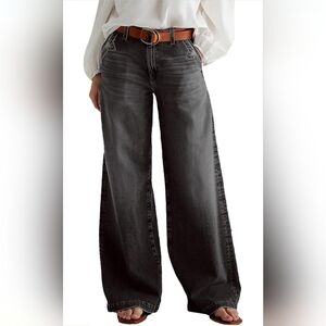 Flamingals Wide Leg Jeans for Women Mid Waist Baggy Stitch Decor Denim Washed